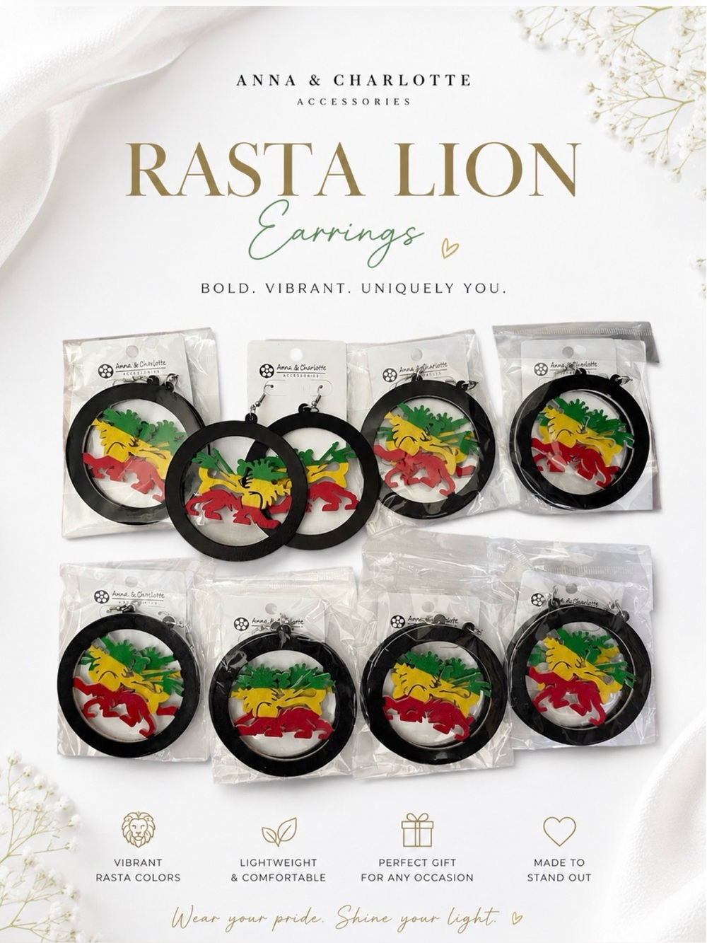 8 PAIRS OVERSIZE RASTA LION HOOP EARRINGS